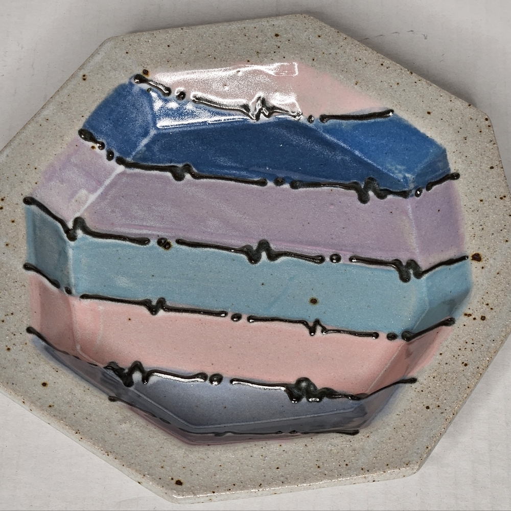 Cunningham Pottery Symmetrical Hexagon Shaped Plate 9 In Colorful Vintage